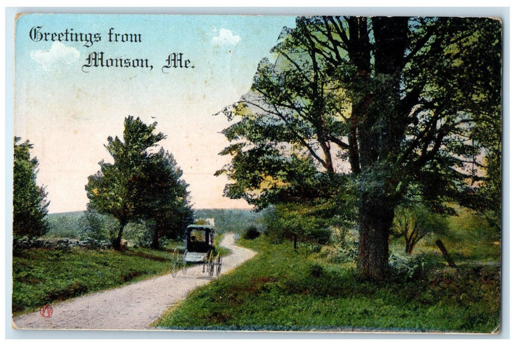 1914 Greetings from Monson Maine ME Horse Carriage Antique Posted Postcard