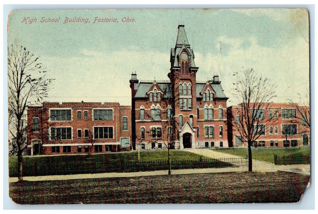 1910 High School Building Campus Fostoria Ohio OH Posted Antique Postcard