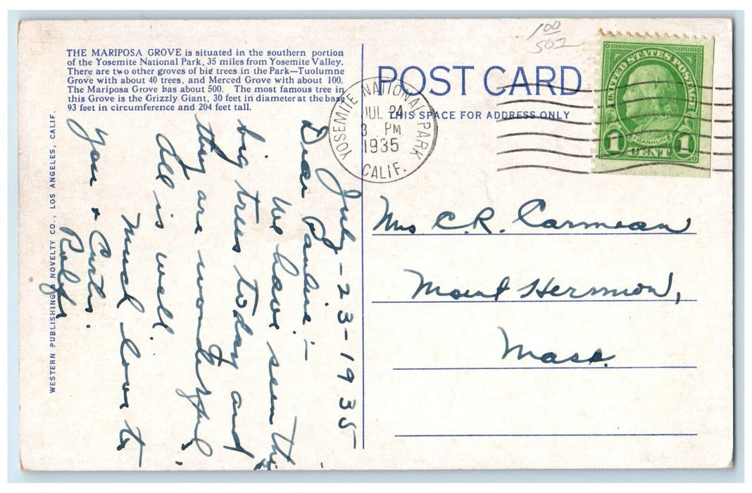 1935 Mariposa Grove Of Big Trees Yosemite National Park California CA Postcard