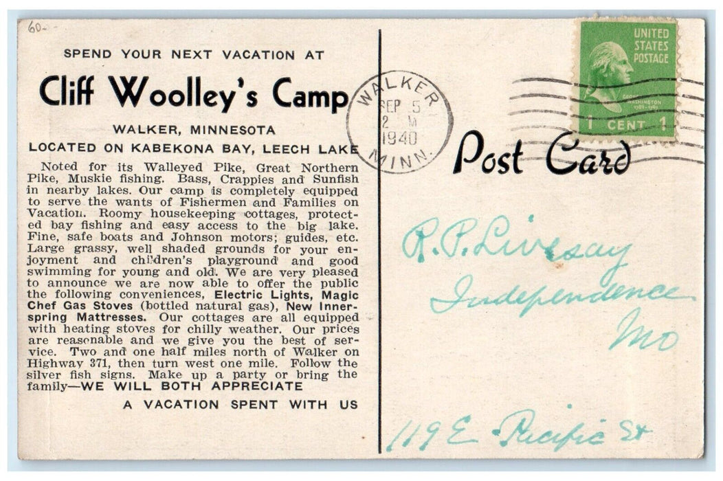 1940 Cliff Woolley's Camp Leech Lake Walker Minnesota MT, Multiview Postcard
