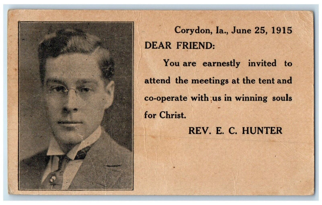 1915 Christian Evangelical Reverend Rev. E C Hunter Corydon Iowa IA Postcard