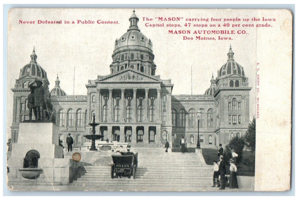 Mason Carrying People Up Iowa Capitol Mason Automobile Co Des Moines IA Postcard