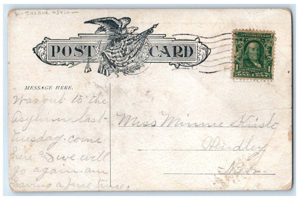 Nebraska State Hospital Building Hastings Nebraska NE, Insane Asylum Postcard