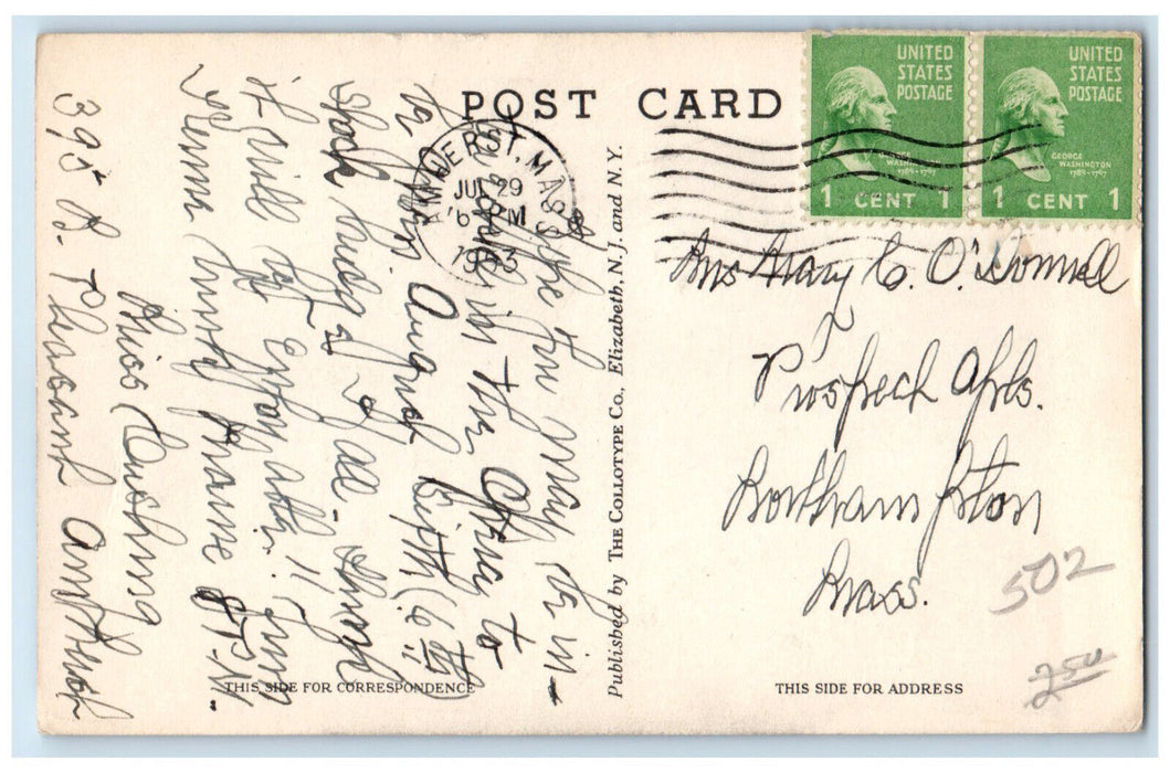 1953 Memorial Building University of Massachusetts Amherst MA Postcard