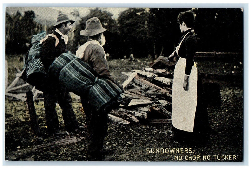 c1910's Sundowners No Chop No Tucker Logs Frontier Australia Antique Postcard