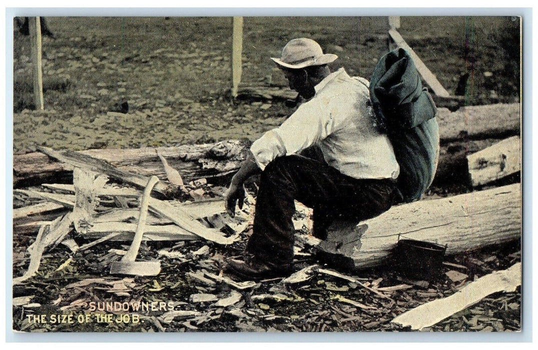 Sundowners The Size Of The Job Man Cutting Logs Frontier Australia Postcard