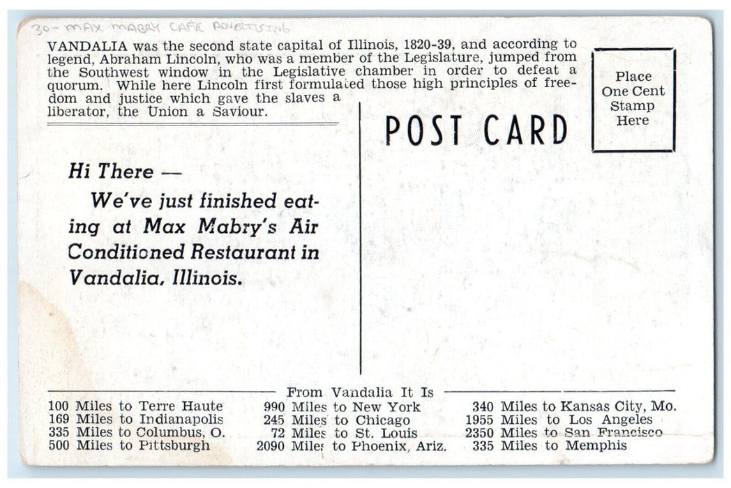 Old State Capitol Vandalia Illinois IL, Max Mabry Cafe Advertising Postcard