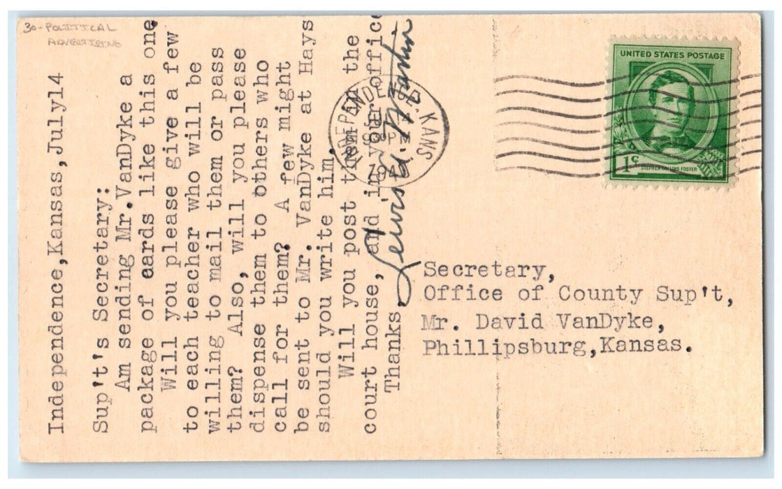 1940 Lewis A. Martin Independence Kansas KS Political Advertising Postcard