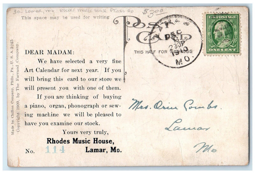 1910 Lamar MO, Rhodes Music House Piano Advertising Angels Antique Postcard