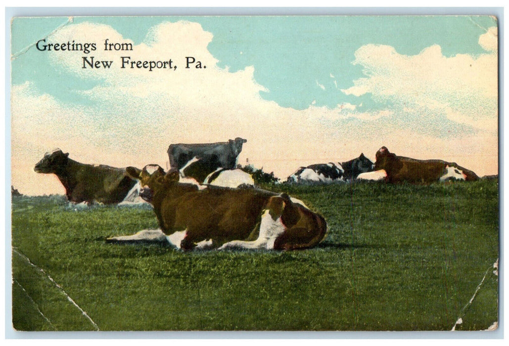 c1910 Greetings from New Freeport Pennsylvania PA Cows Antique Postcard