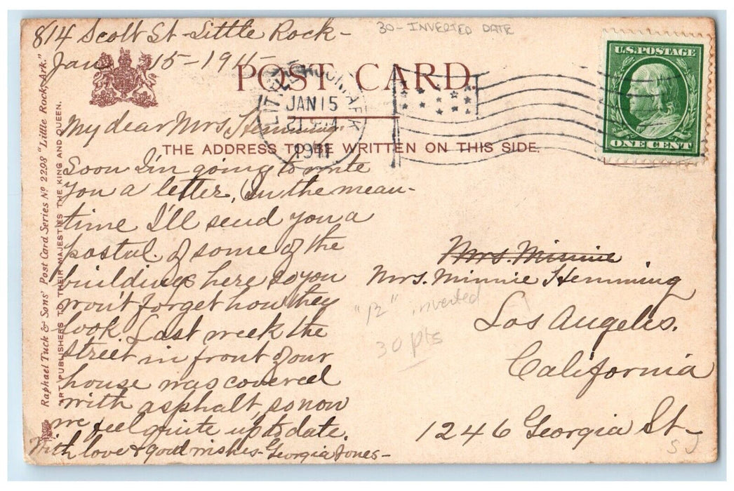 1911 Old State Capitol Horse Buggy Little Rock AR Inverted Date Tuck's Postcard