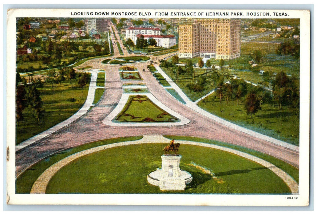 c1920's Looking Down Montrose Boulevard Hermann Park Houston Texas TX Postcard