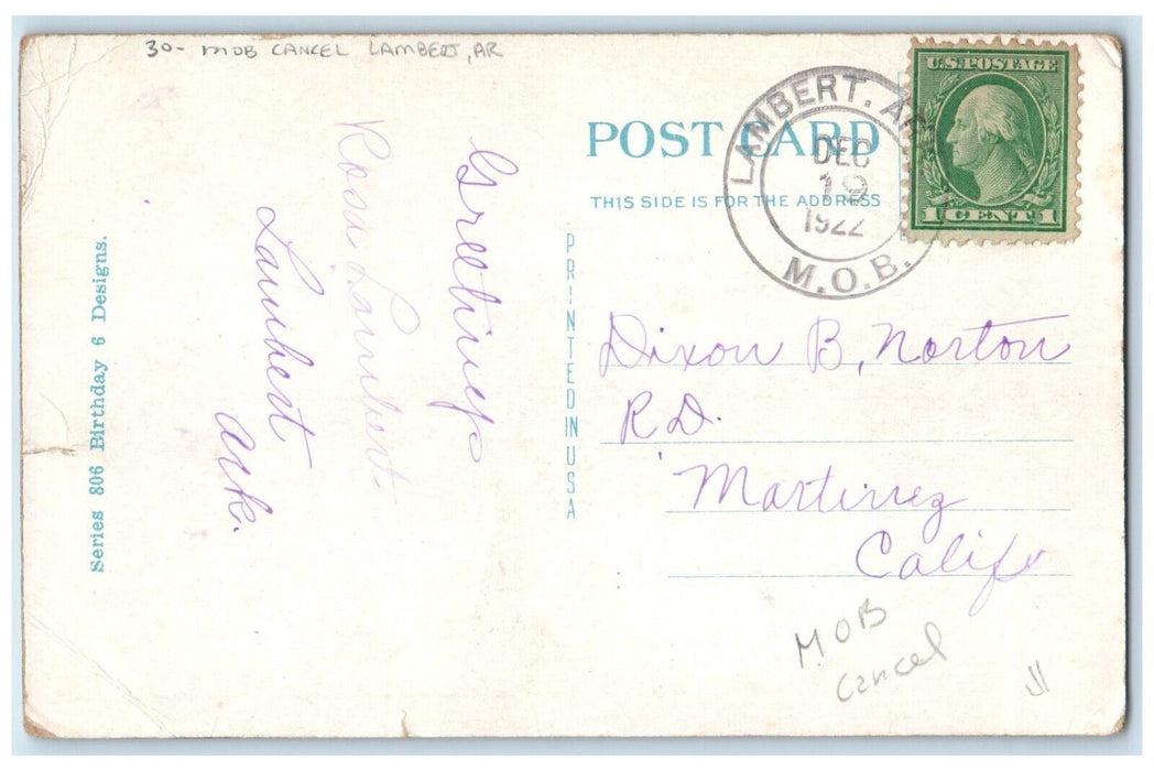1922 Birthday Flowers In Basket Lambert Arkansas AR MOB Cancel Vintage Postcard