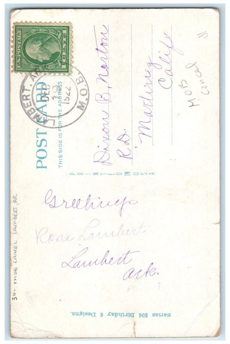 1922 Birthday Flowers In Basket Lambert Arkansas AR MOB Cancel Vintage Postcard