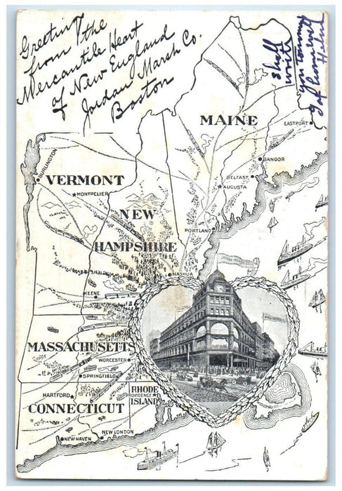 1906 Greetings from Mercantile New England Jordan Marsh Co Boston MA Postcard