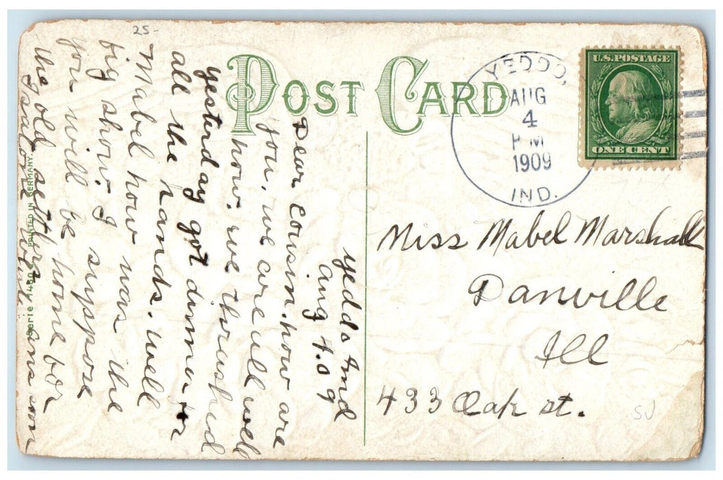 1909 Best Wishes Eagle And Flowers Embossed Yeddo Indiana IN Antique Postcard