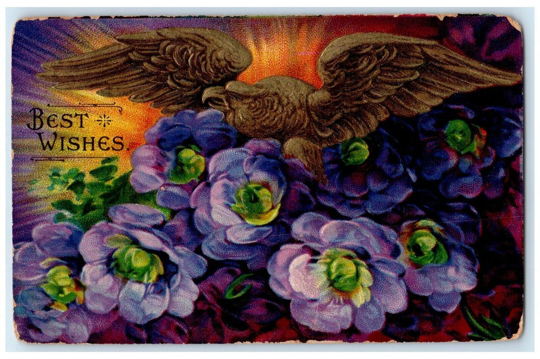 1909 Best Wishes Eagle And Flowers Embossed Yeddo Indiana IN Antique Postcard