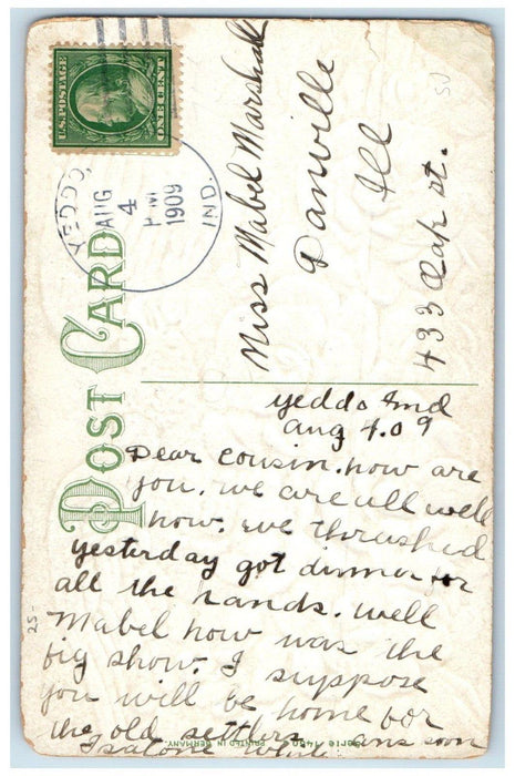 1909 Best Wishes Eagle And Flowers Embossed Yeddo Indiana IN Antique Postcard