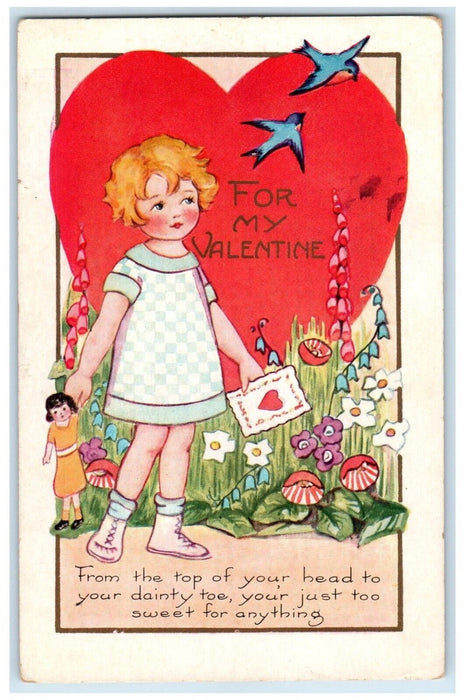 1924 Valentine Girl Doll Big Heart Flowers Embossed East Enterprise IN Postcard