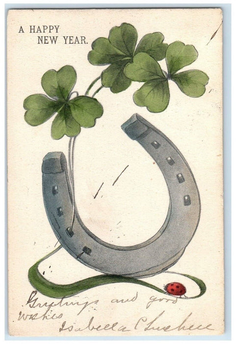 1906 Happy New Year Shamrock Horseshoe Ladybug Greeley Colorado CO Postcard