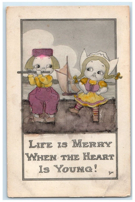 1910 Dutch Girls Playing Flute Sailboat Life Is Merry Yuma Arizona AZ Postcard