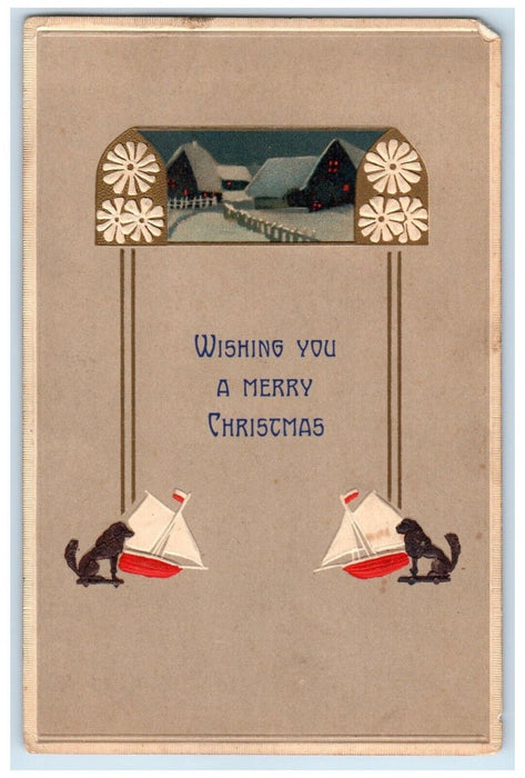 1907 Merry Christmas Sailboat Houses Winter Seligman Arizona AZ Antique Postcard