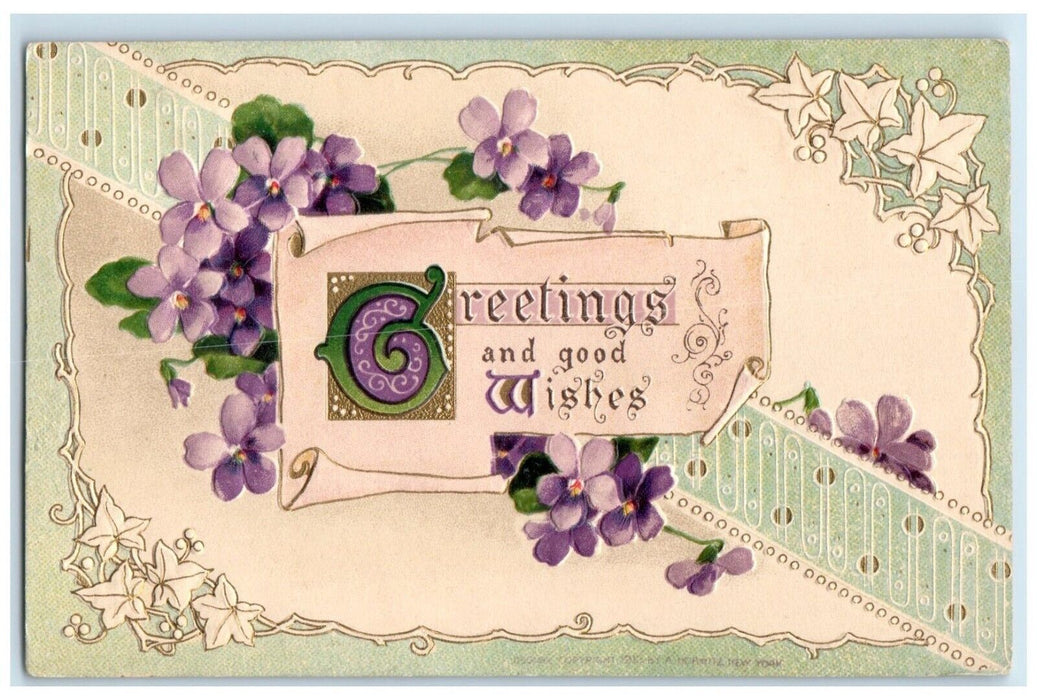 1914 Greetings And Good Wishes Purple Flowers Embossed Beach Lake PA Postcard