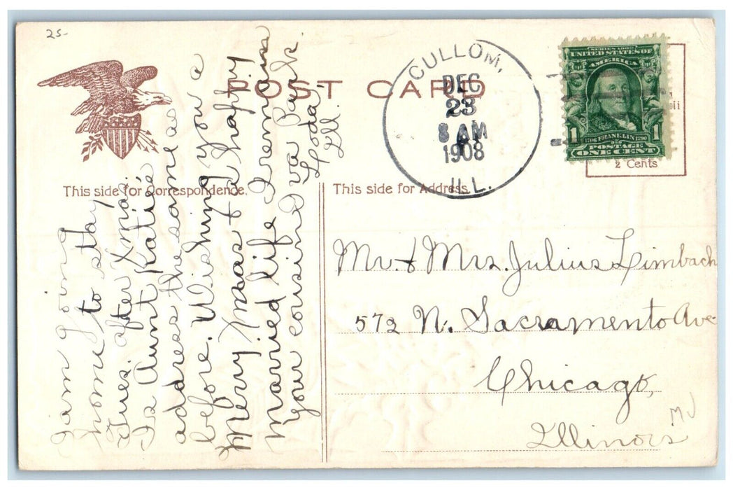 1908 Merry Christmas Berries Mistletoe House Winter Cullom Illinois IL Postcard