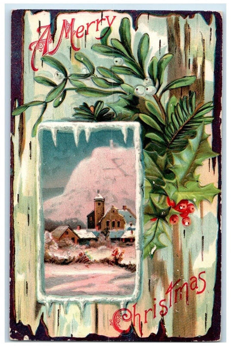 1908 Merry Christmas Berries Mistletoe House Winter Cullom Illinois IL Postcard