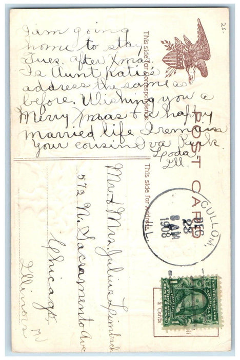 1908 Merry Christmas Berries Mistletoe House Winter Cullom Illinois IL Postcard
