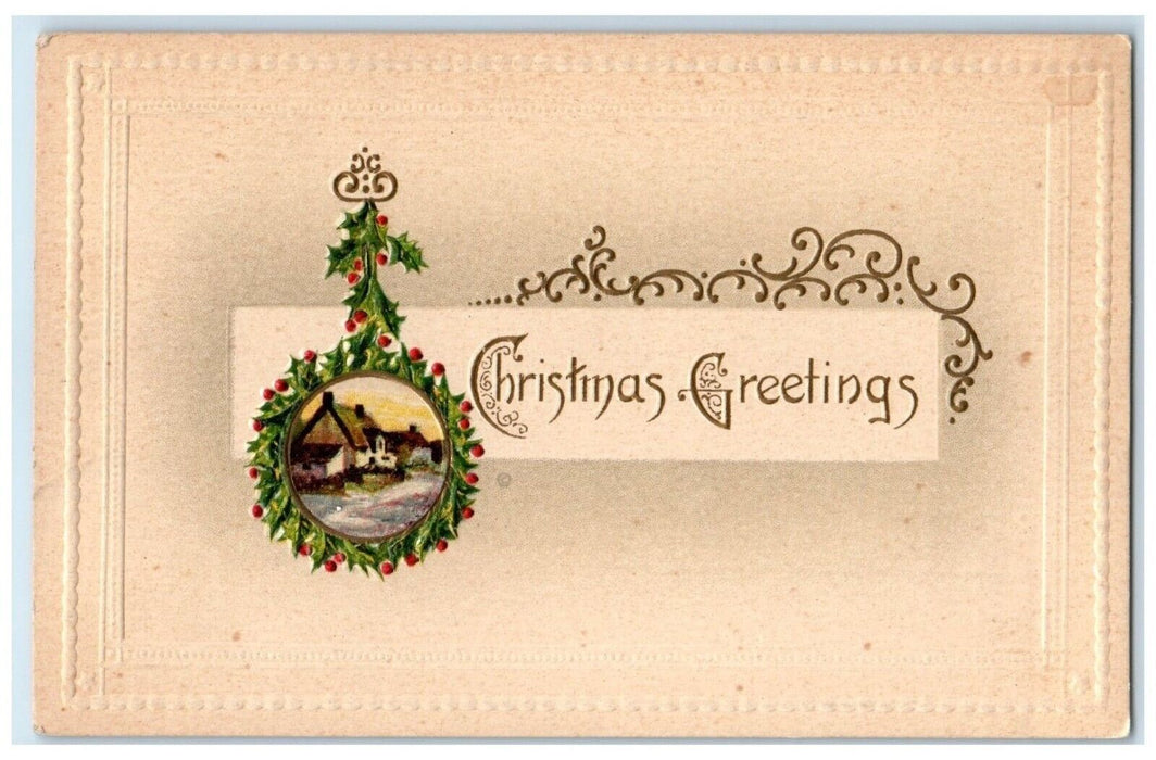 c1910's Christmas Greetings Holly Berries House Winter Mc Nabb IL Postcard