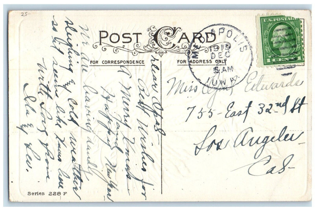 1915 Merry Christmas Poinsettia Flowers Embossed Mediapolis Iowa IA Postcard