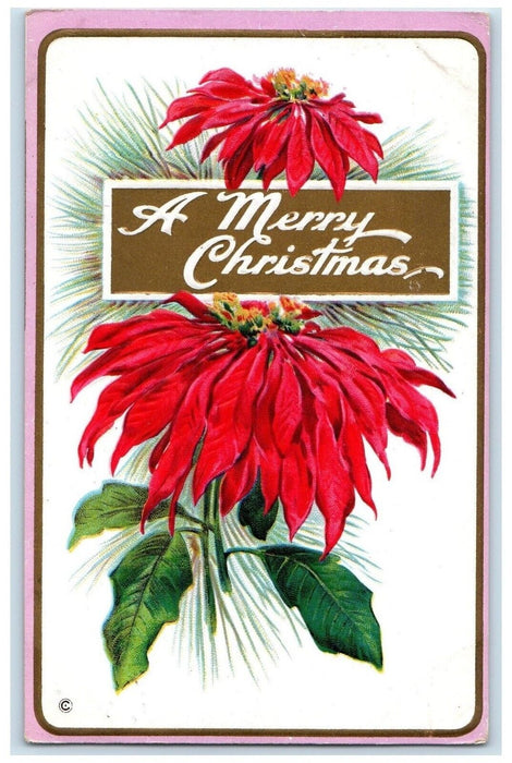 1915 Merry Christmas Poinsettia Flowers Embossed Mediapolis Iowa IA Postcard