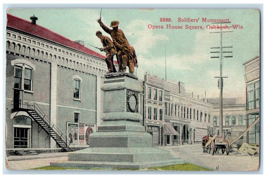 1910 Soldiers Monument Opera House Square Oshkosh Wisconsin WI Postcard