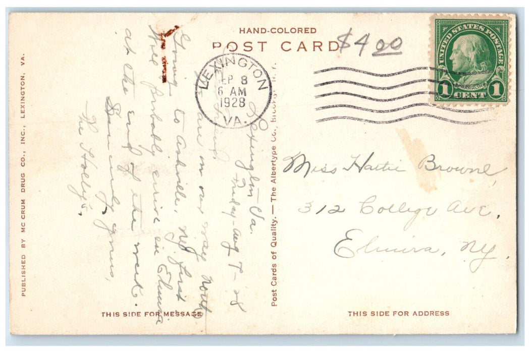 1928 Houdan's Washington Virginia Military Ins Lexington VA Handcolored Postcard