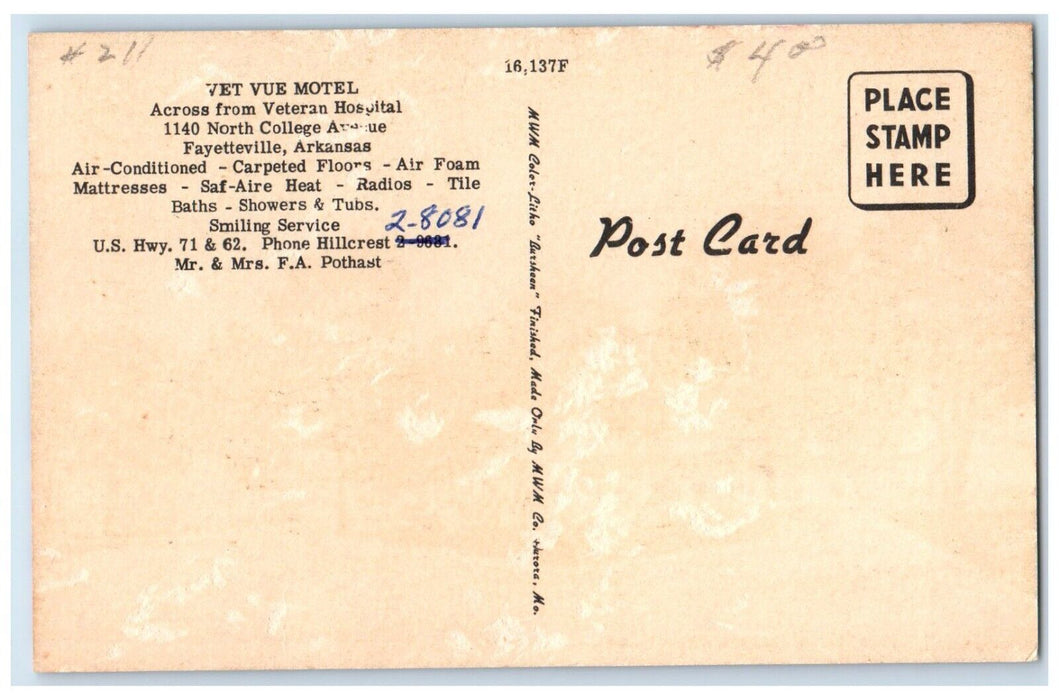 c1950's Vet Vue Motel US Highways 71 & 62 Fayetteville Arkansas AR Postcard