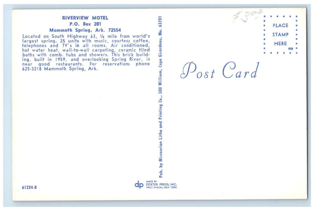 c1950's Riverview Motel Cars Roadside Mammoth Spring Arkansas AR Postcard