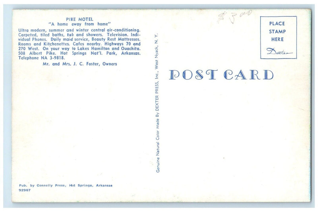 c1950's Pike Motel Hot Spring National Park Arkansas AR, Cars Vintage Postcard