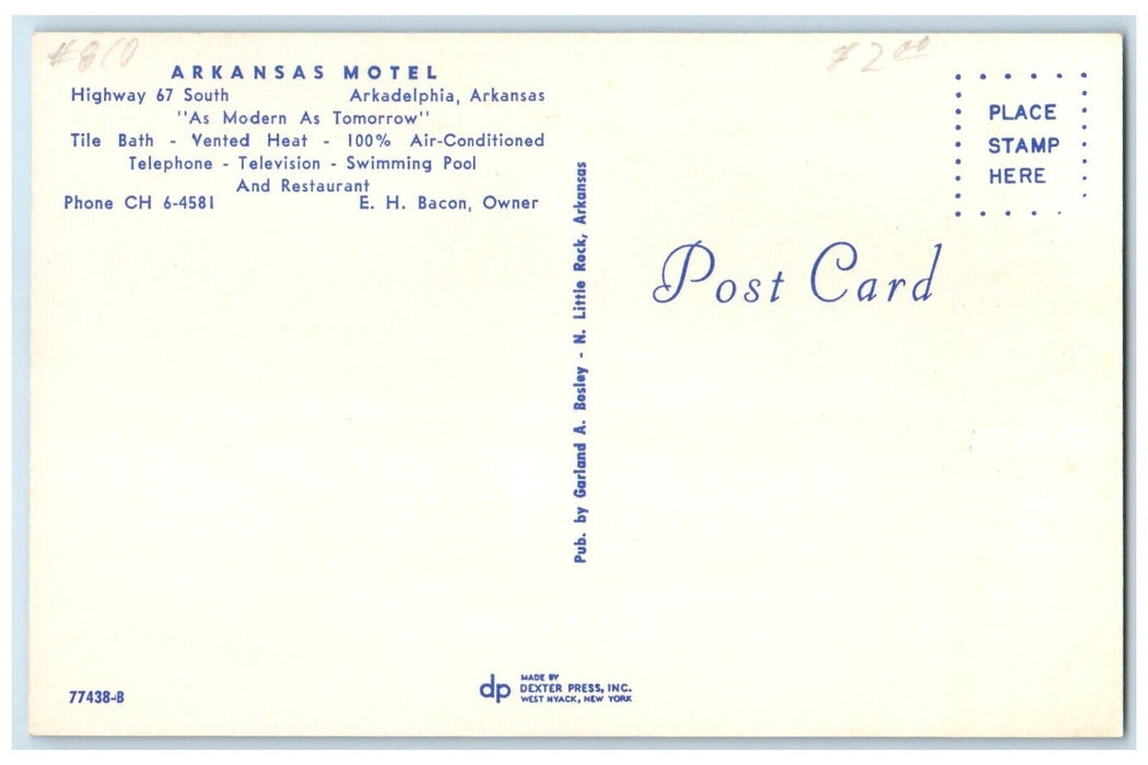 c1950's Arkansas Motel Roadside Car Arkadelphia Arkansas AR Vintage Postcard