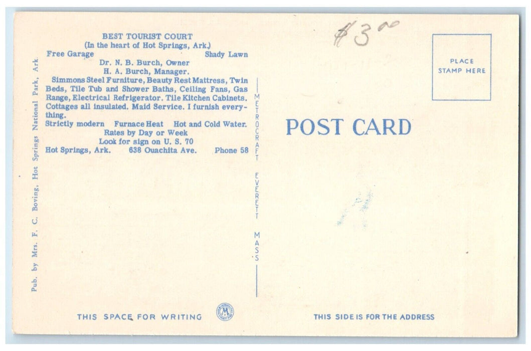 c1930's Best Tourist Court Hot Springs National Park Arkansas AR Postcard