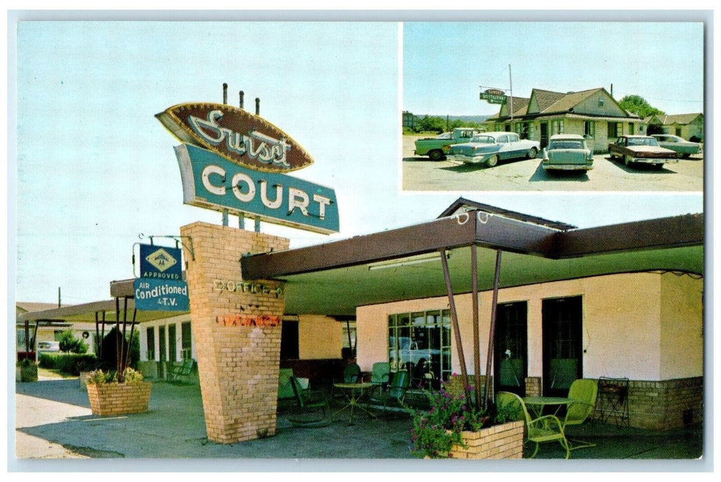 1966 Sunset Court And Restaurant Marshall Arkansas AR Cars Dual View Postcard