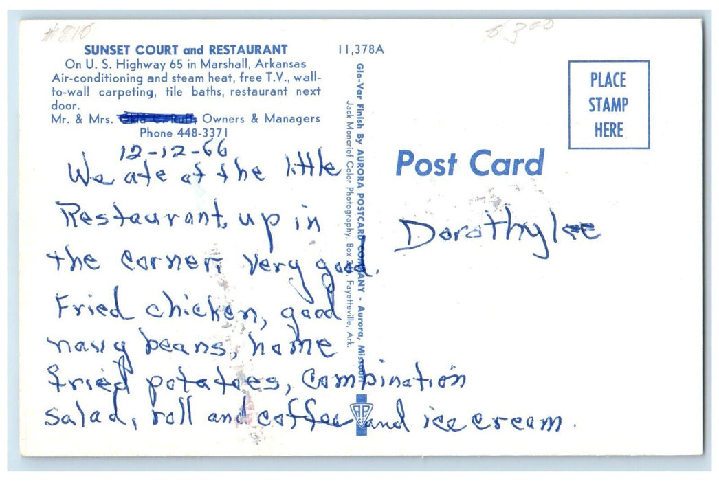 1966 Sunset Court And Restaurant Marshall Arkansas AR Cars Dual View Postcard