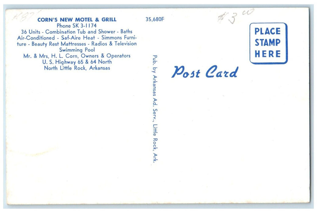 c1960's Corn's New Motel Grill North Little Rock Arkansas AR Dual View Postcard
