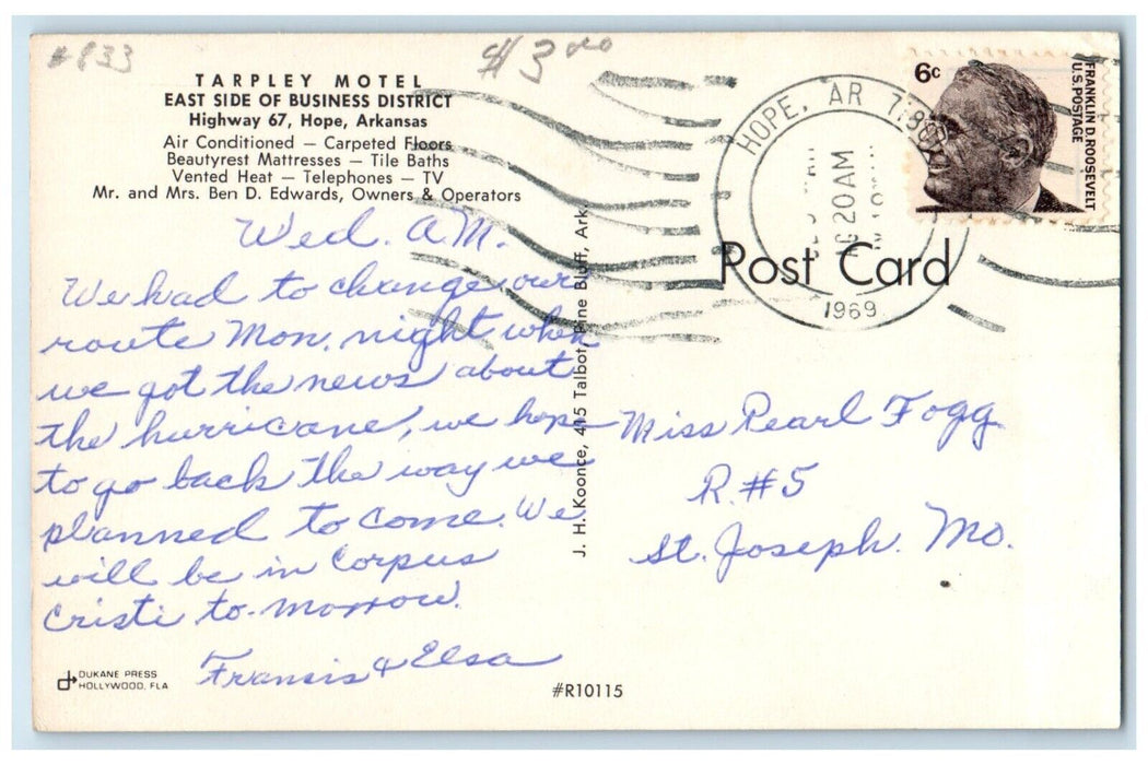 1969 Tarpley's Motel Cars Roadside Hope Arkansas AR Posted Vintage Postcard