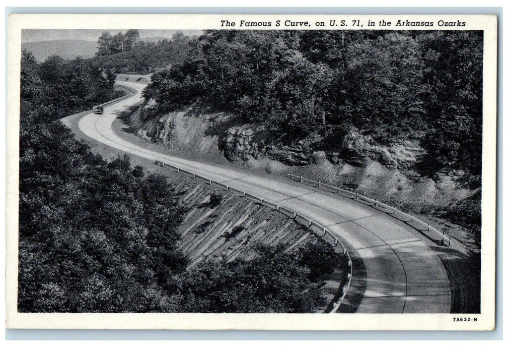 c1940 Famous S Curve Arkansas Ozarks Road Trees Cliff Mountain Arkansas Postcard