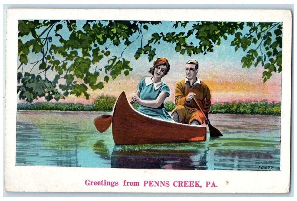 c1920 Greetings From Woman Man Canoe Paddle Penns Creek Pennsylvania PA Postcard