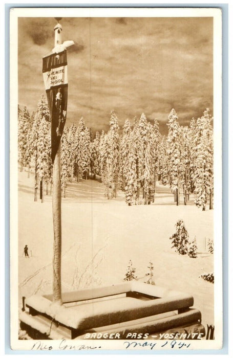 1941 Badger Pass Ski School Pennant Snow View Yosemite CA RPPC Photo Postcard