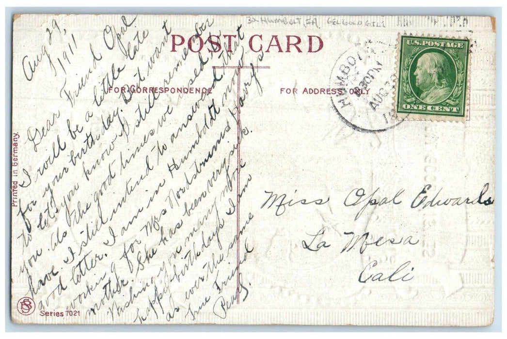 c1910's Good Wishes Red Roses Flowers Gel Gold Gilt Humboldt Iowa IA Postcard
