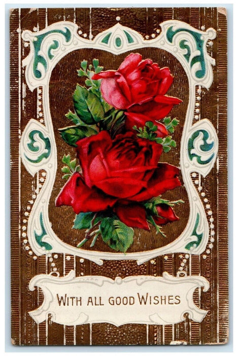 c1910's Good Wishes Red Roses Flowers Gel Gold Gilt Humboldt Iowa IA Postcard