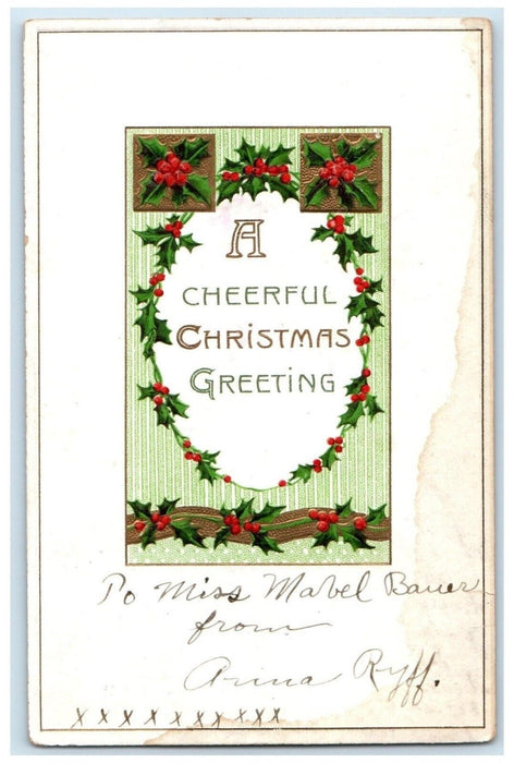 1910 Christmas Greetings Holly Berries Embossed Elmo Kansas KS Antique Postcard